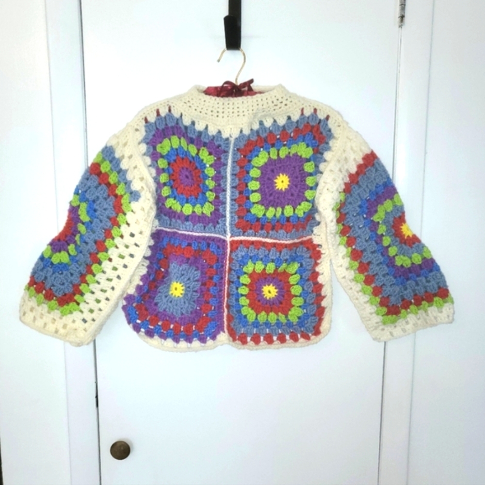 Handmade Crochet Granny Square Sweater - Multicolor Cream Trim